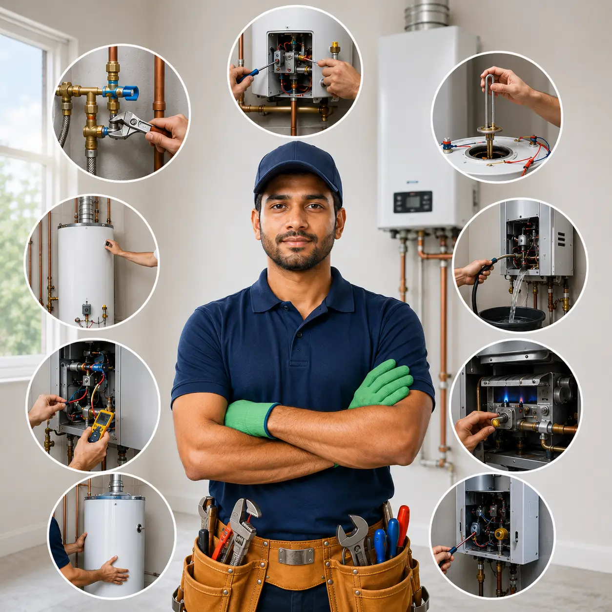 Licensed technician repairing a residential water heater