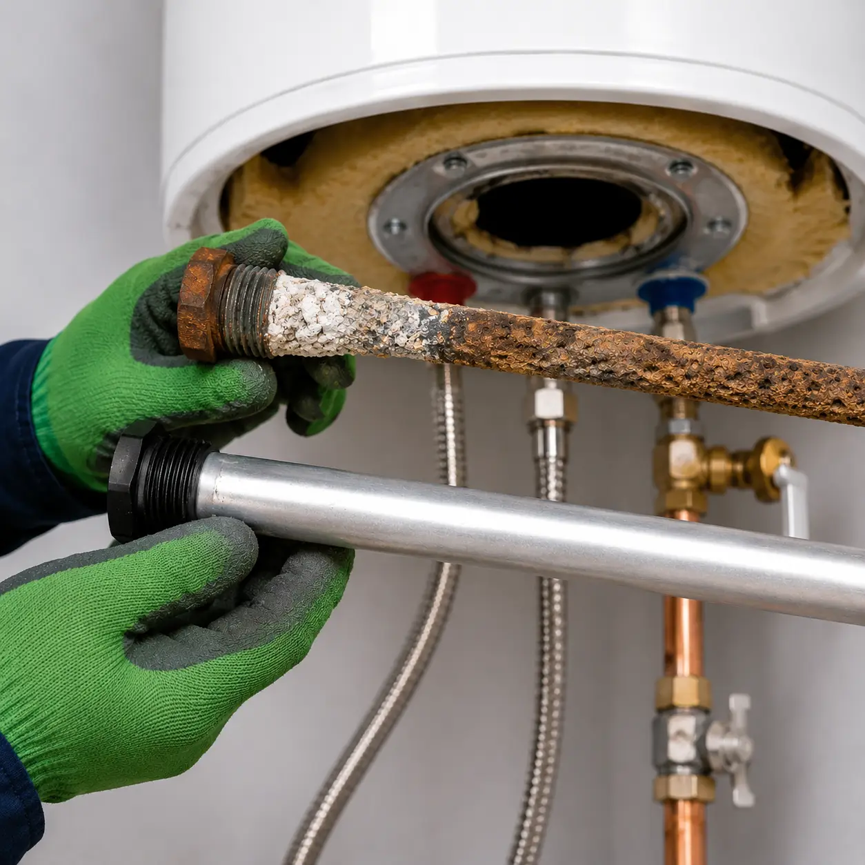 Technician inspecting a water heater anode rod and safety components in Spring TX