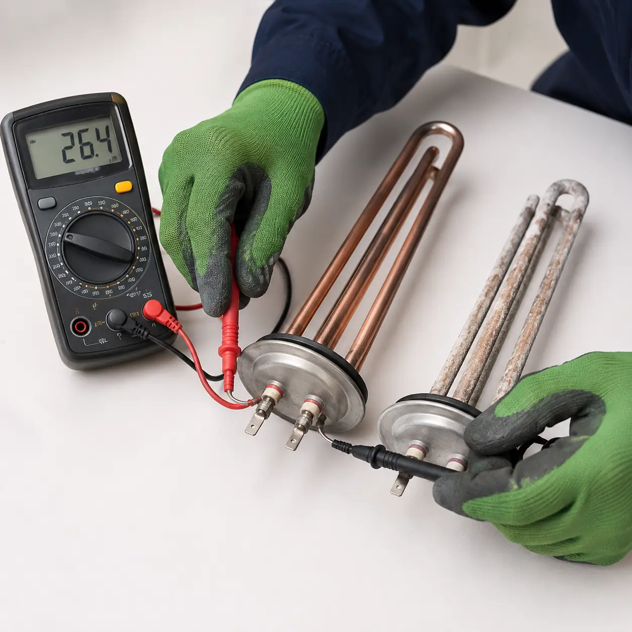 Technician testing water heater electrical circuits and calibrating a gas burner in Spring TX