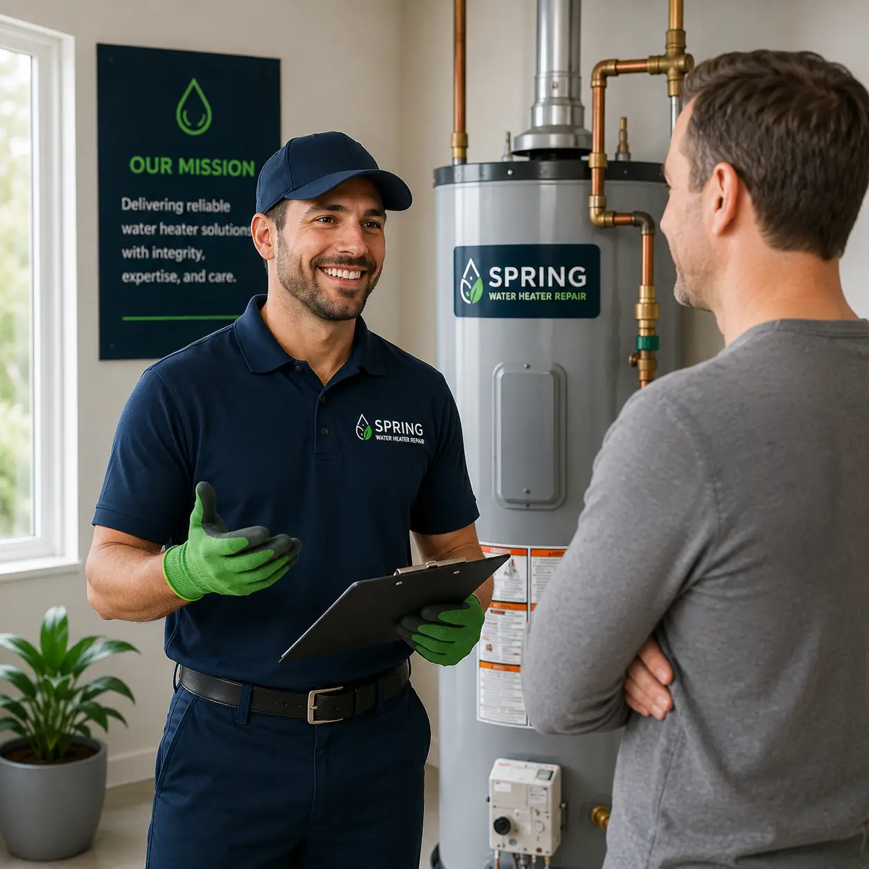 Licensed technician repairing a modern residential water heater in a clean home utility room.