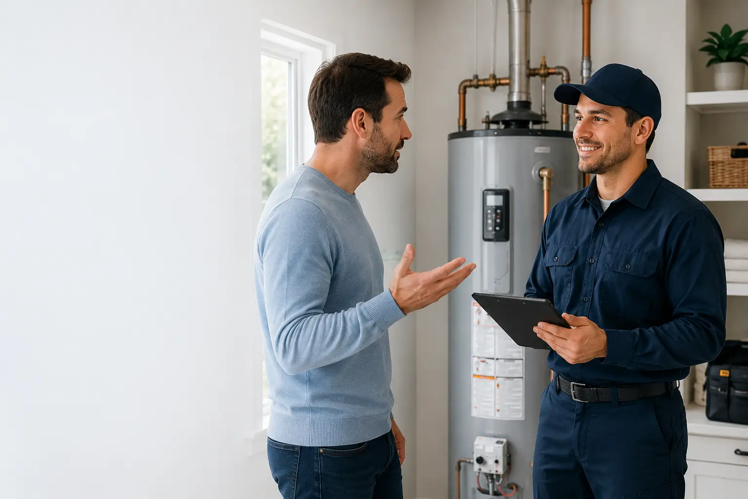 Licensed technician repairing a modern residential water heater in a clean home utility room.