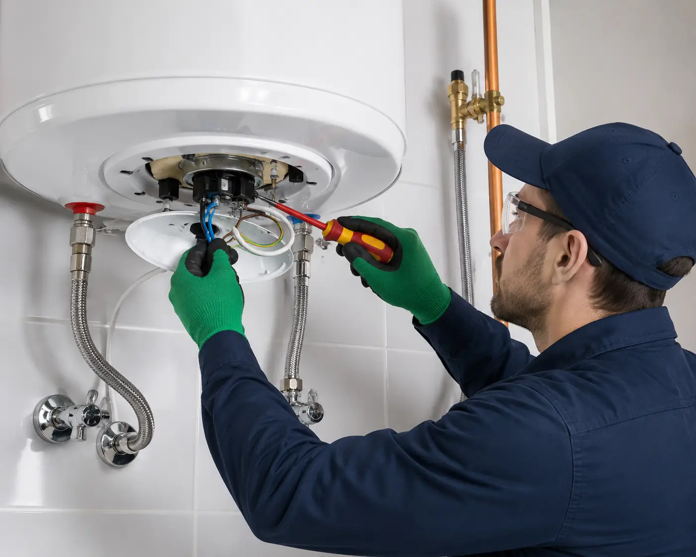 Technician installing electric water heater components in Spring TX