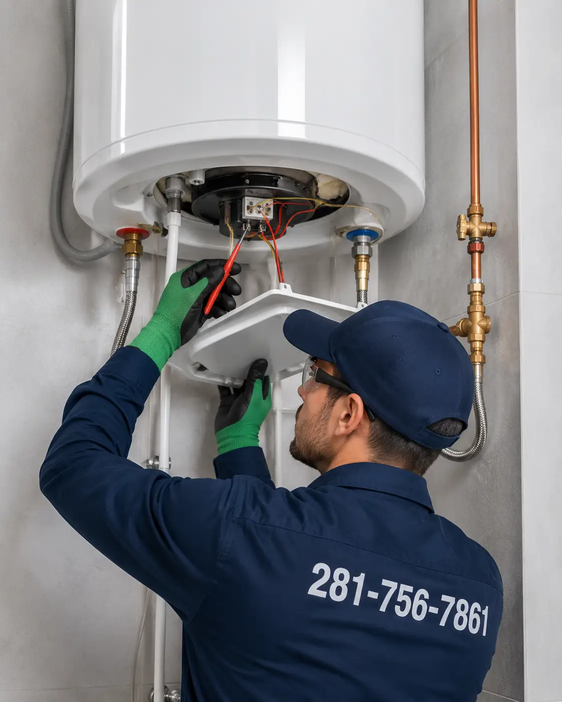 Technician maintaining an electric water heater in Spring TX