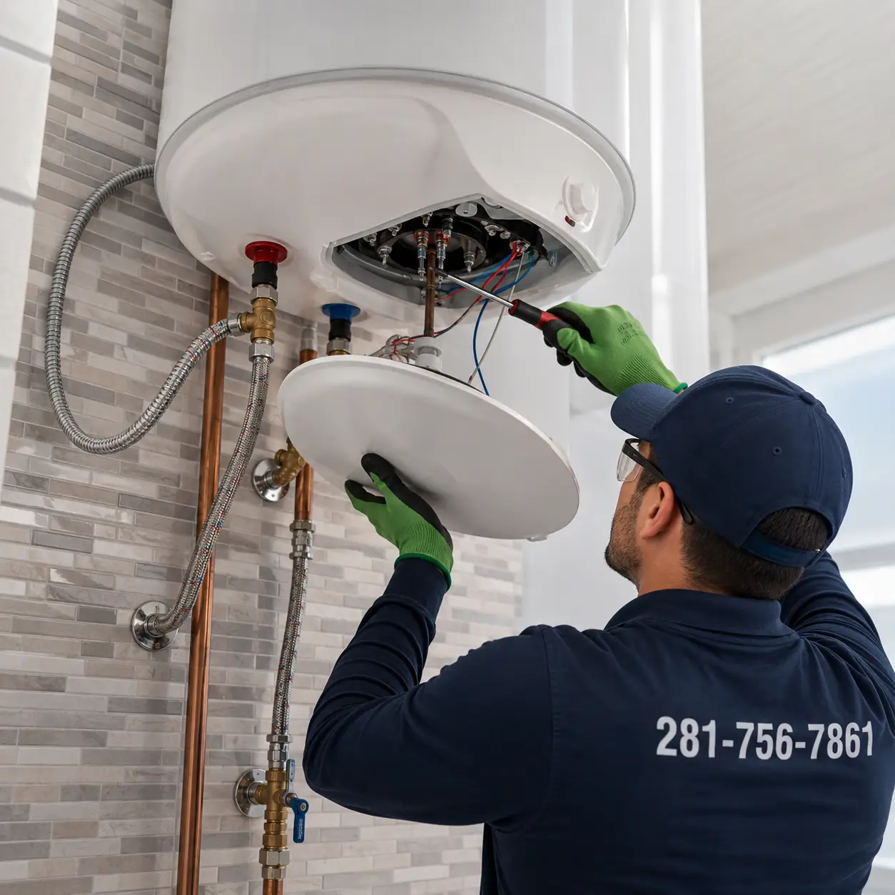 Electric water heater technician testing electrical components in Spring TX