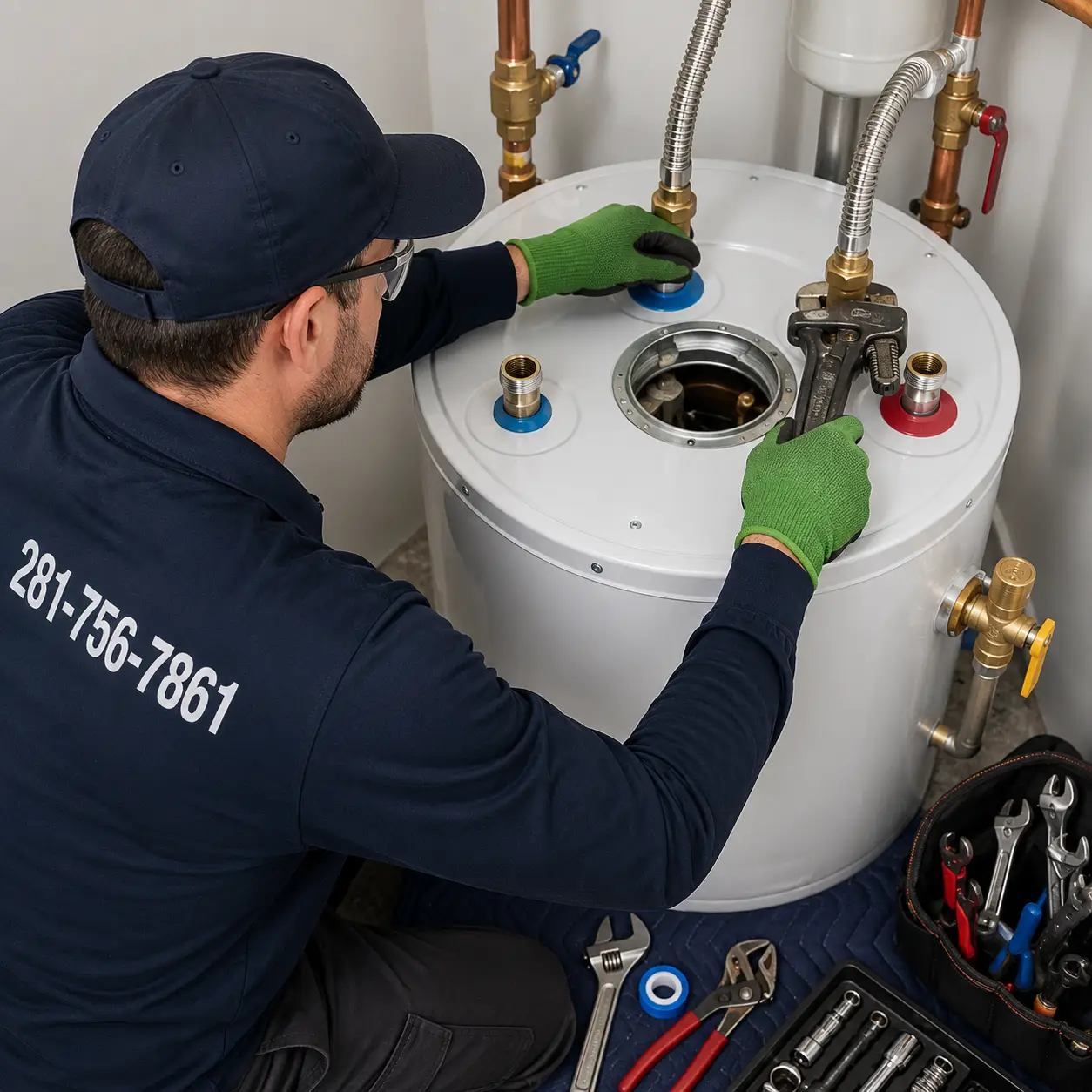 Technician checking an emergency gas water heater problem in Spring TX