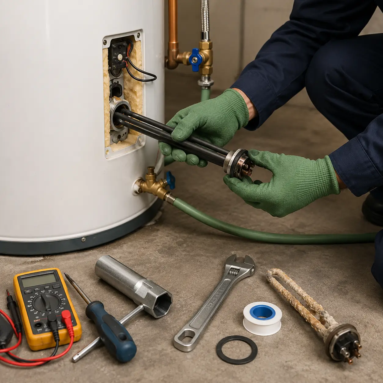 Technician replacing failed water heater components in Spring TX