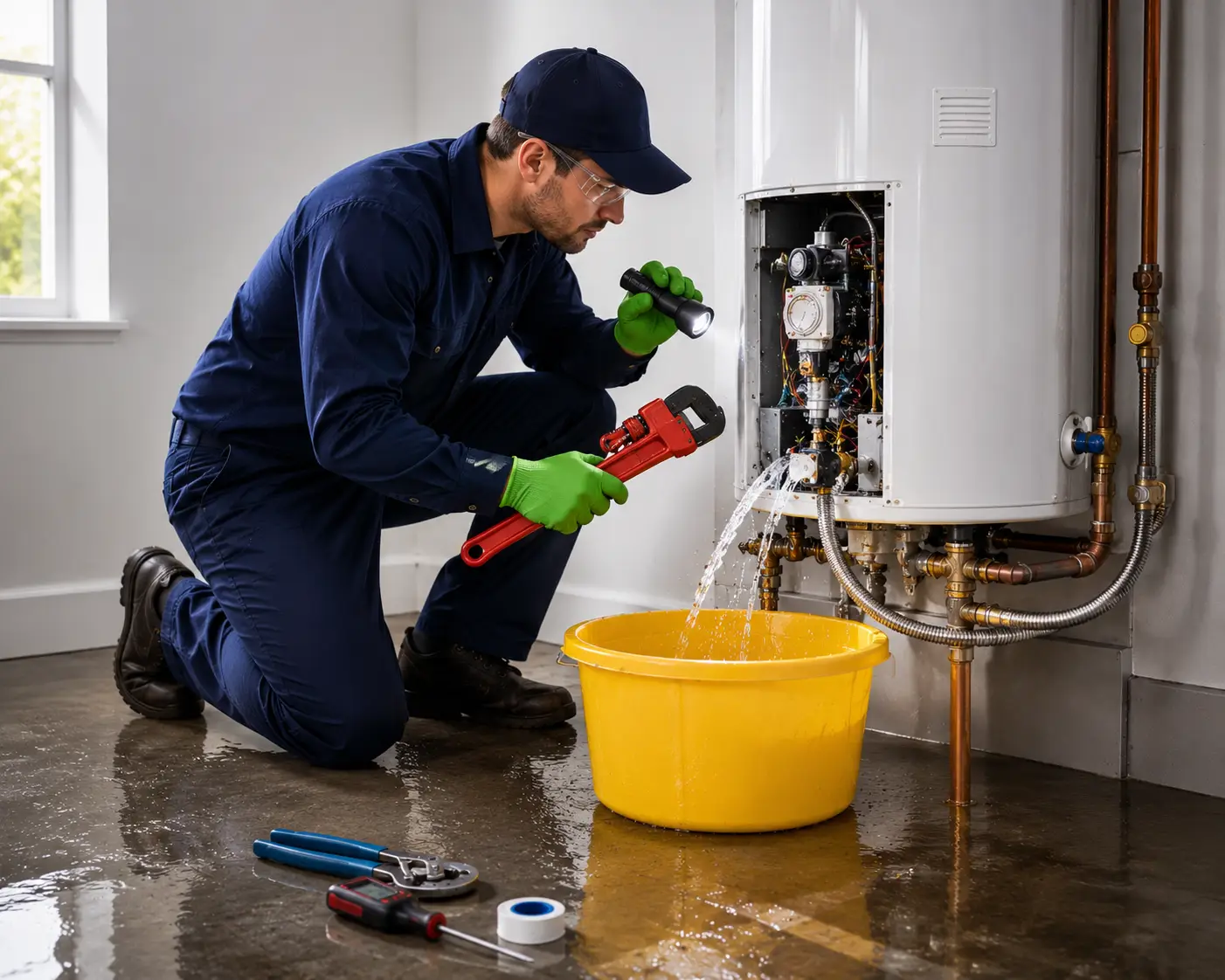 Technician performing a complete water heater diagnostic inspection in Spring TX