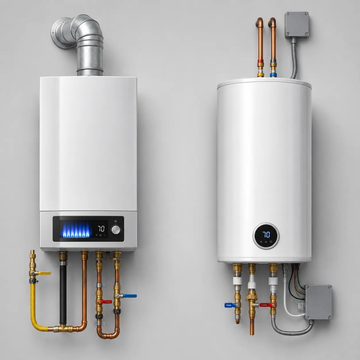 Technician comparing gas and electric water heater systems in Spring TX