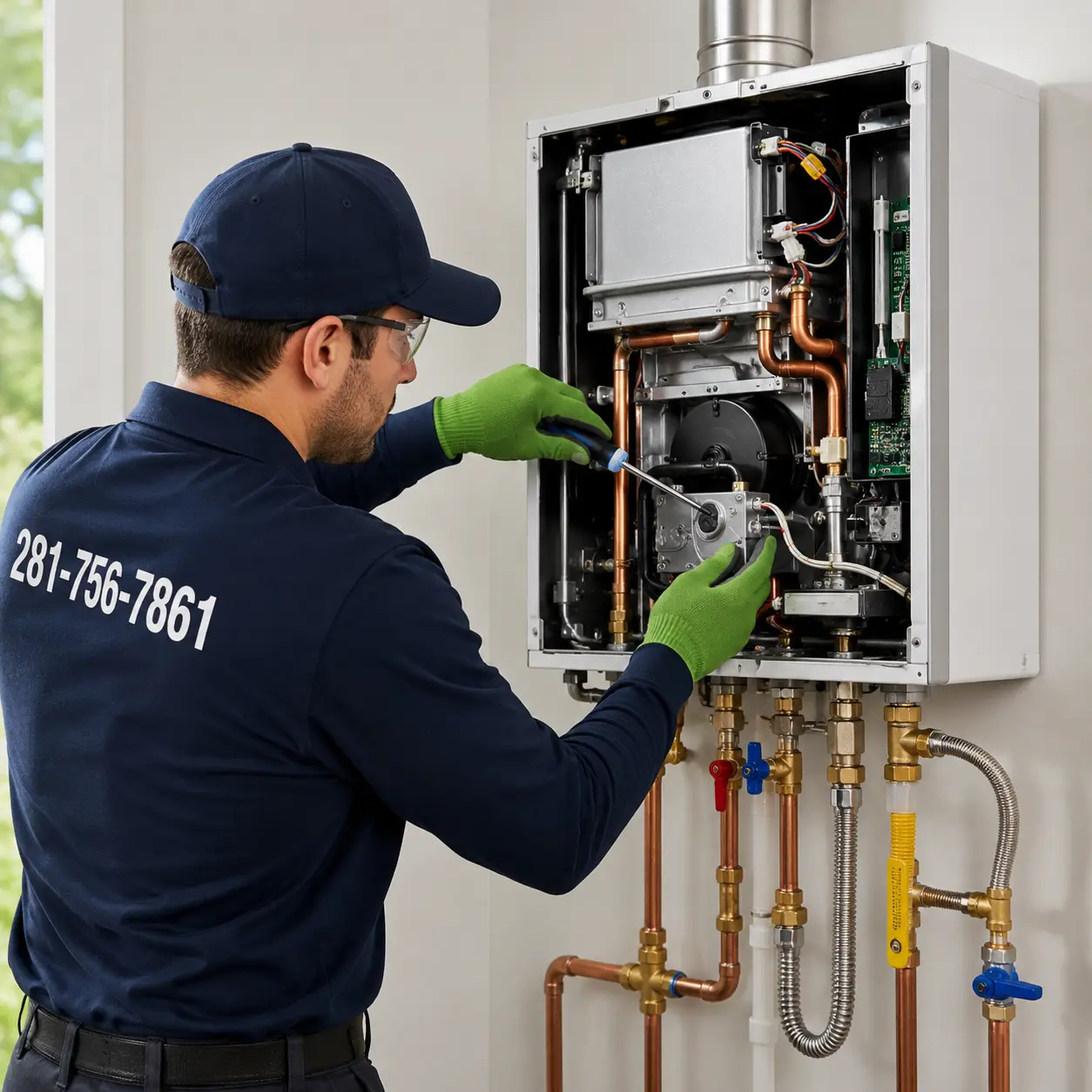Gas water heater technician inspecting a residential unit in Spring TX
