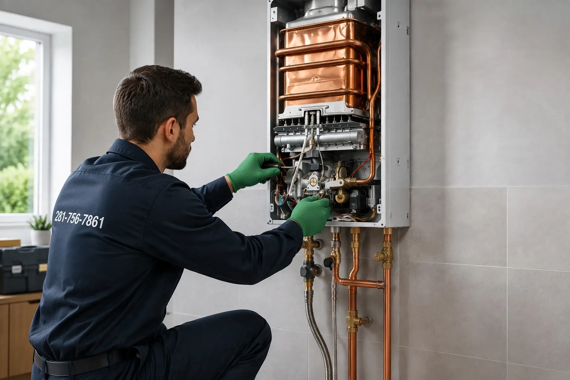 Technician inspecting a residential gas water heater in Spring TX