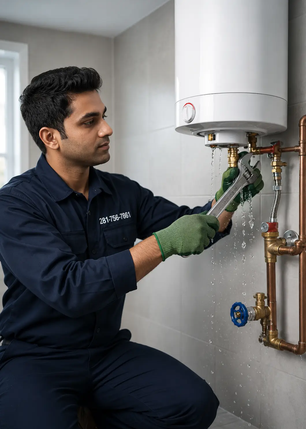 Technician controlling an active water heater leak in Spring TX