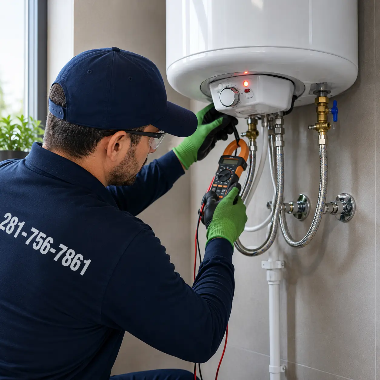 Technician repairing a residential electric water heater in Spring TX