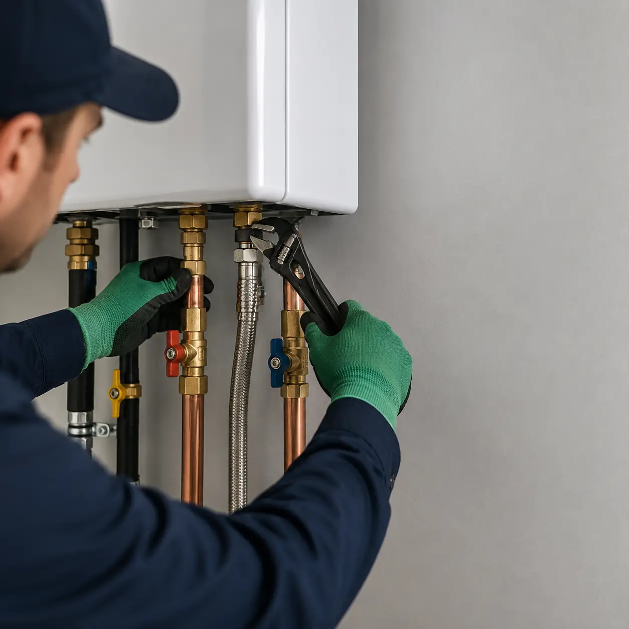 Technician repairing a residential gas water heater in Spring TX
