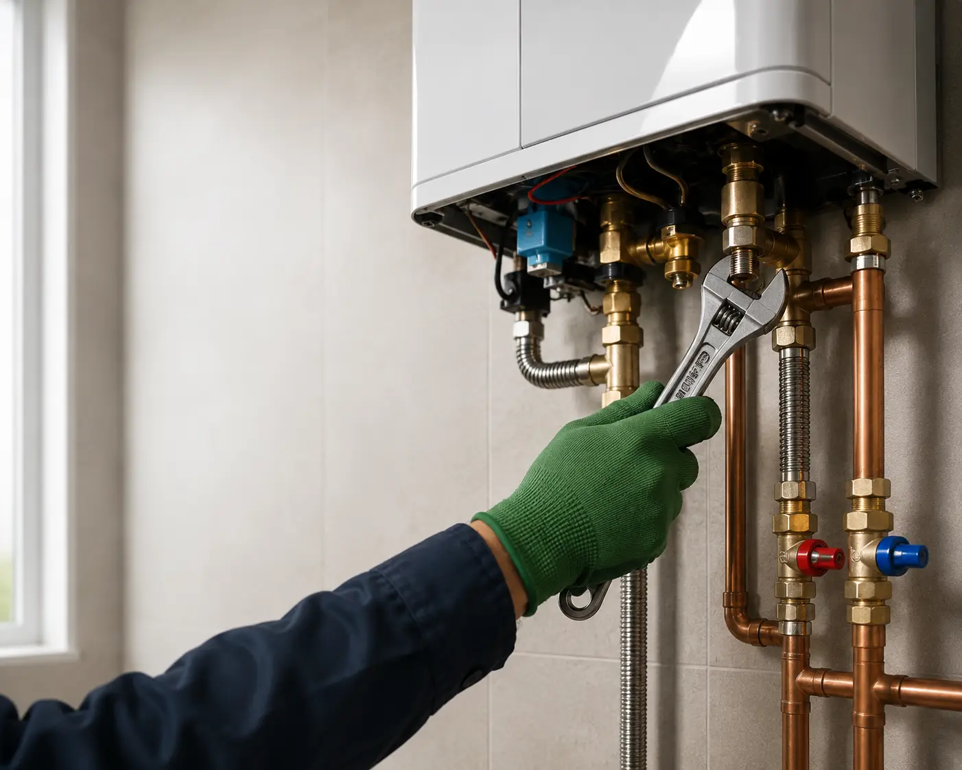 Technician repairing a residential tankless water heater in Spring TX