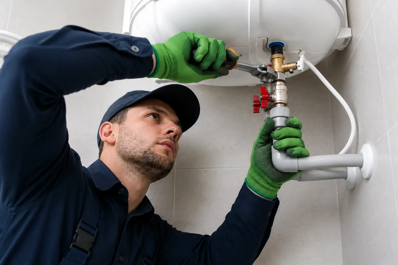Technician performing professional water heater maintenance in Spring TX