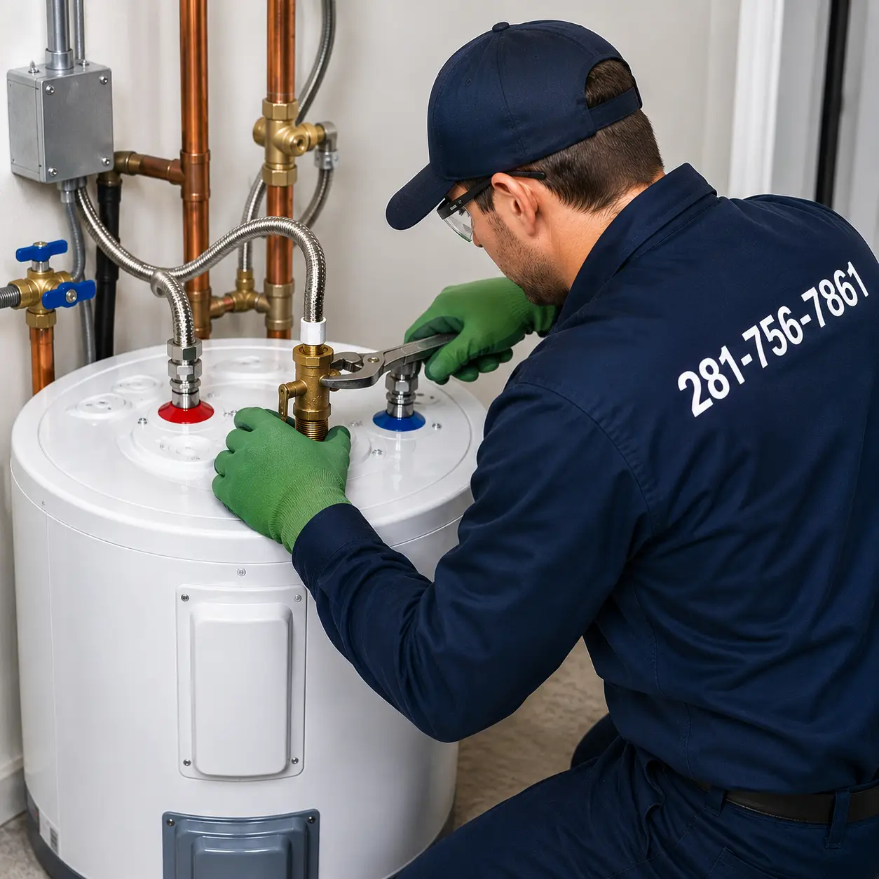 Technician servicing a residential water heater relief valve