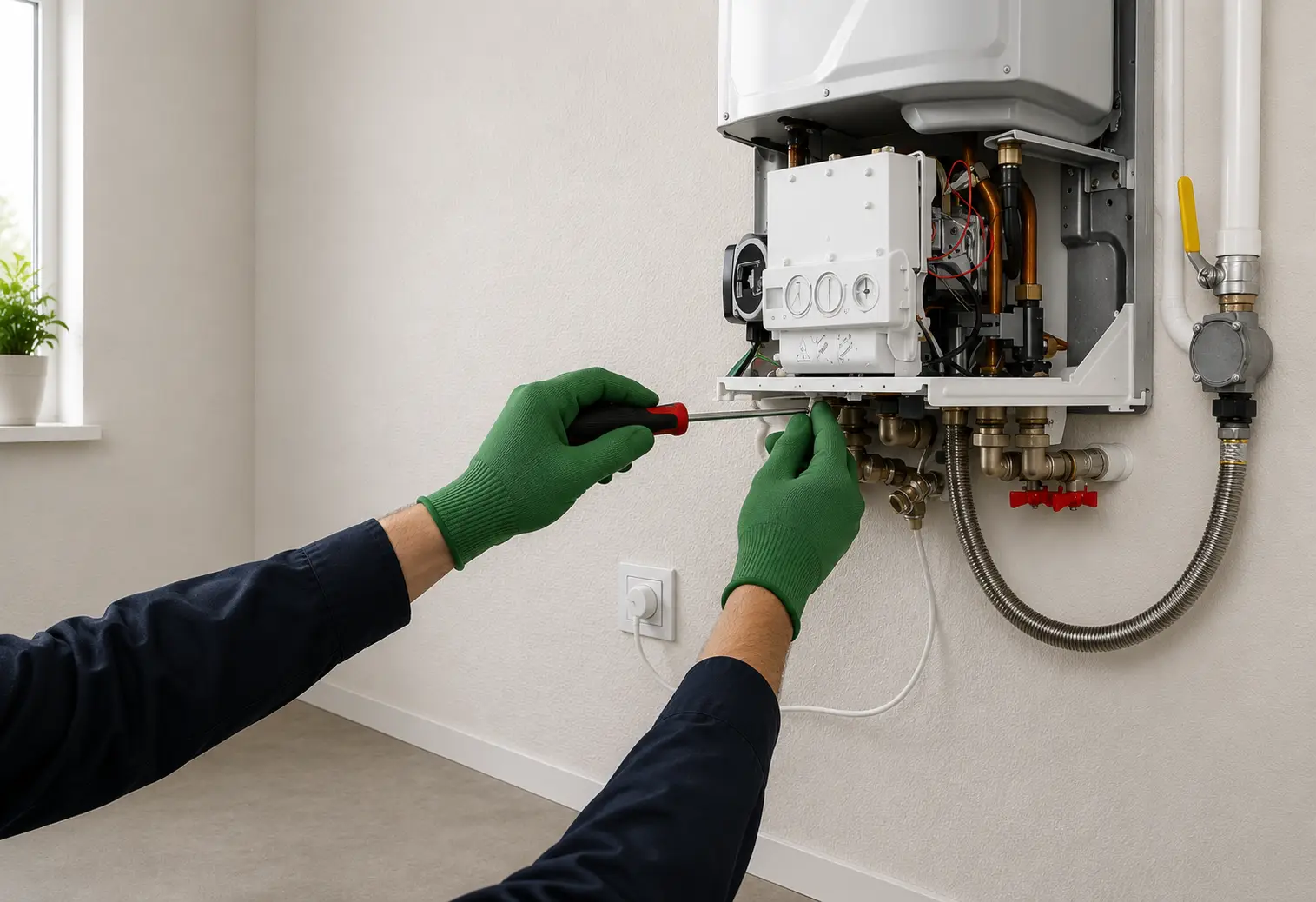 Technician servicing a residential tankless water heater in Spring TX