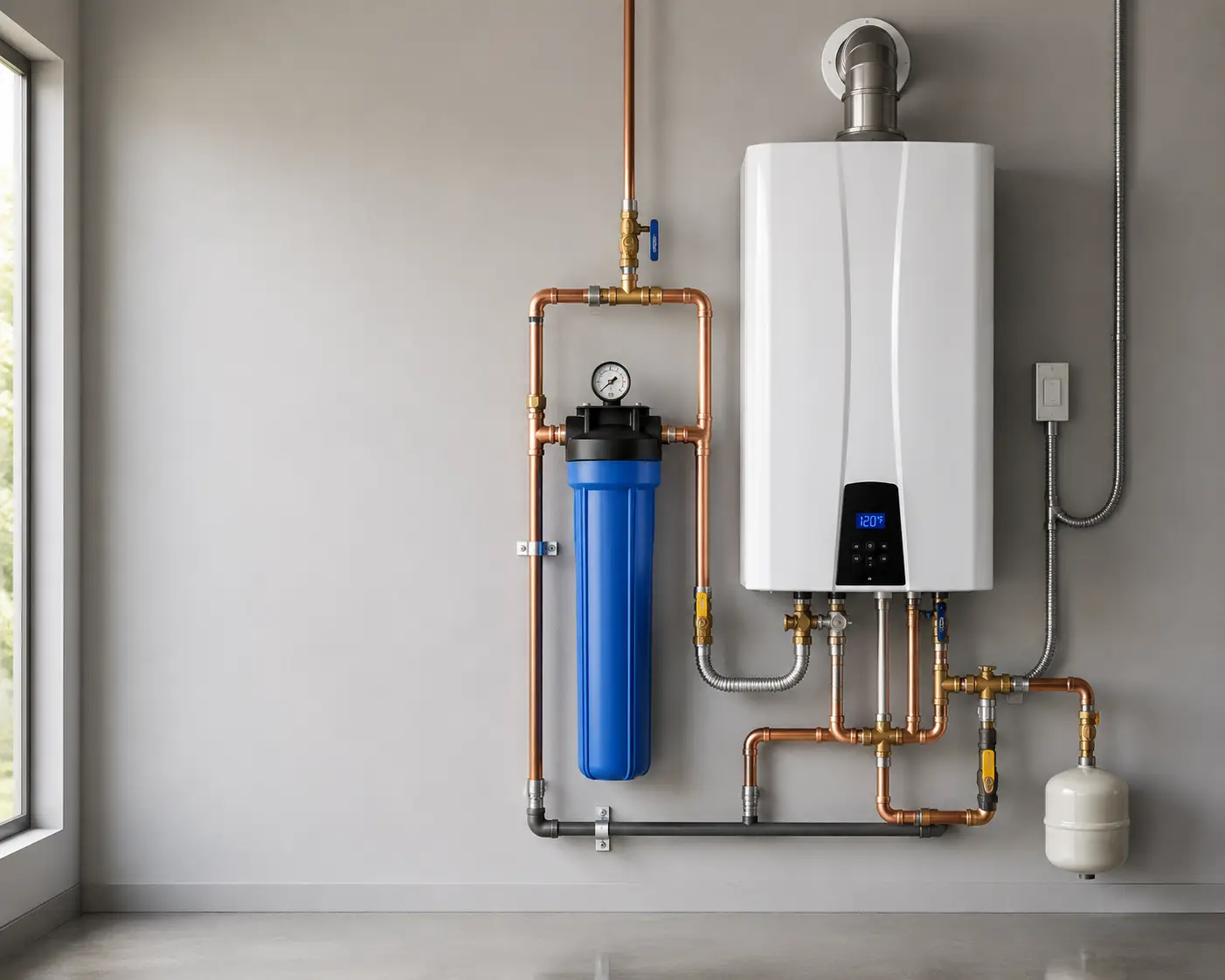 Tankless water heater with whole-house water filter