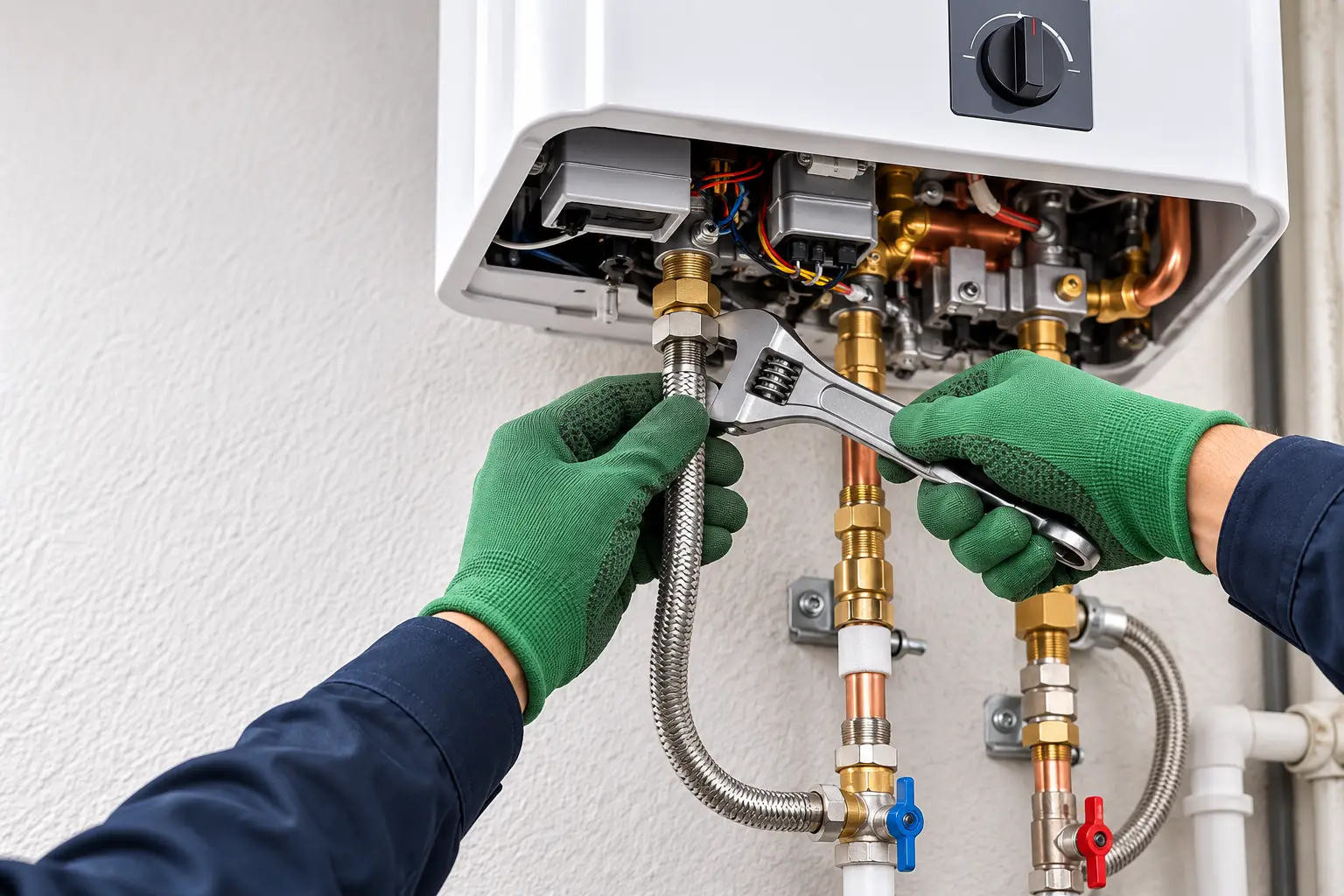 Technician diagnosing tankless water heater flow and performance issues in Spring TX