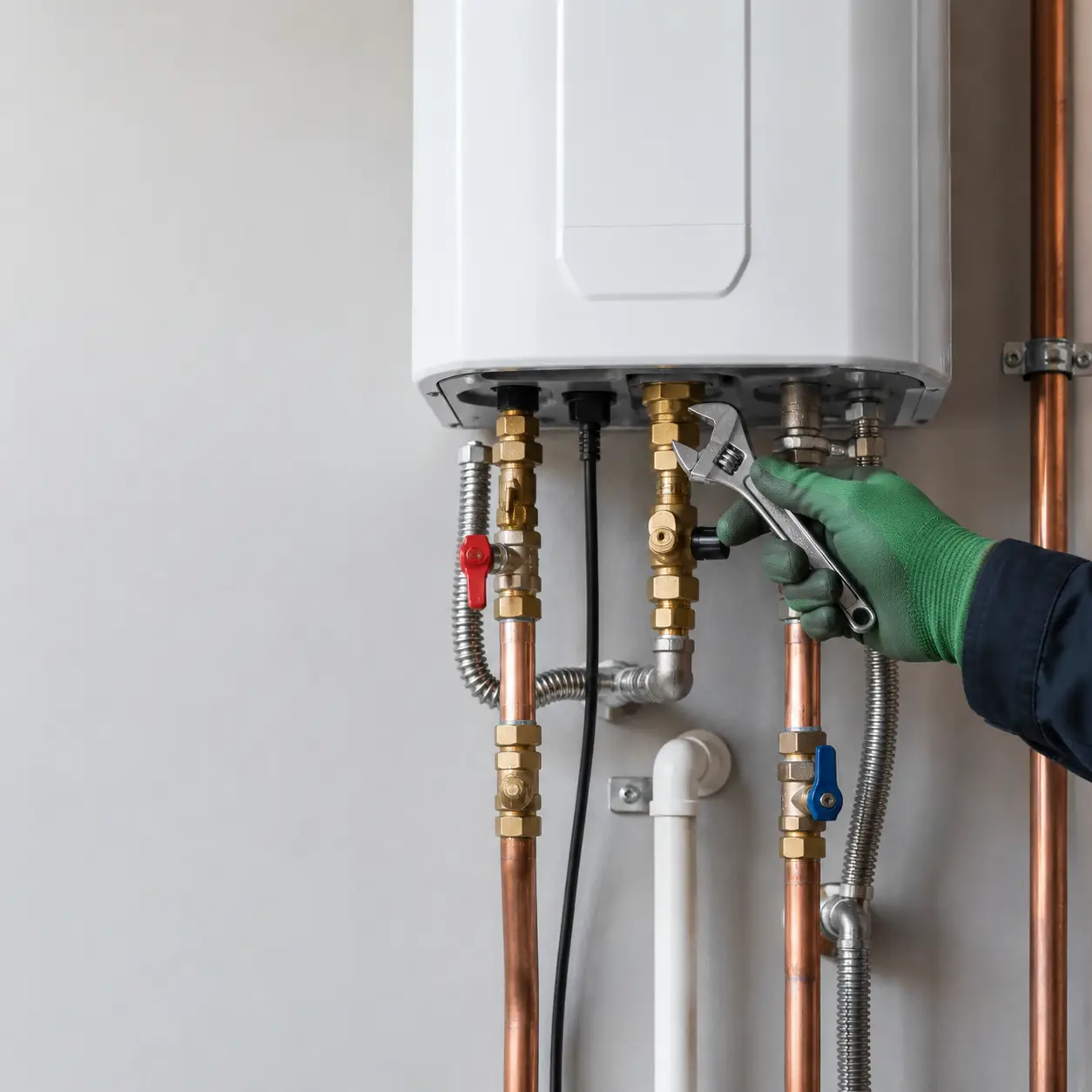 Technician completing tankless water heater installation in Spring TX