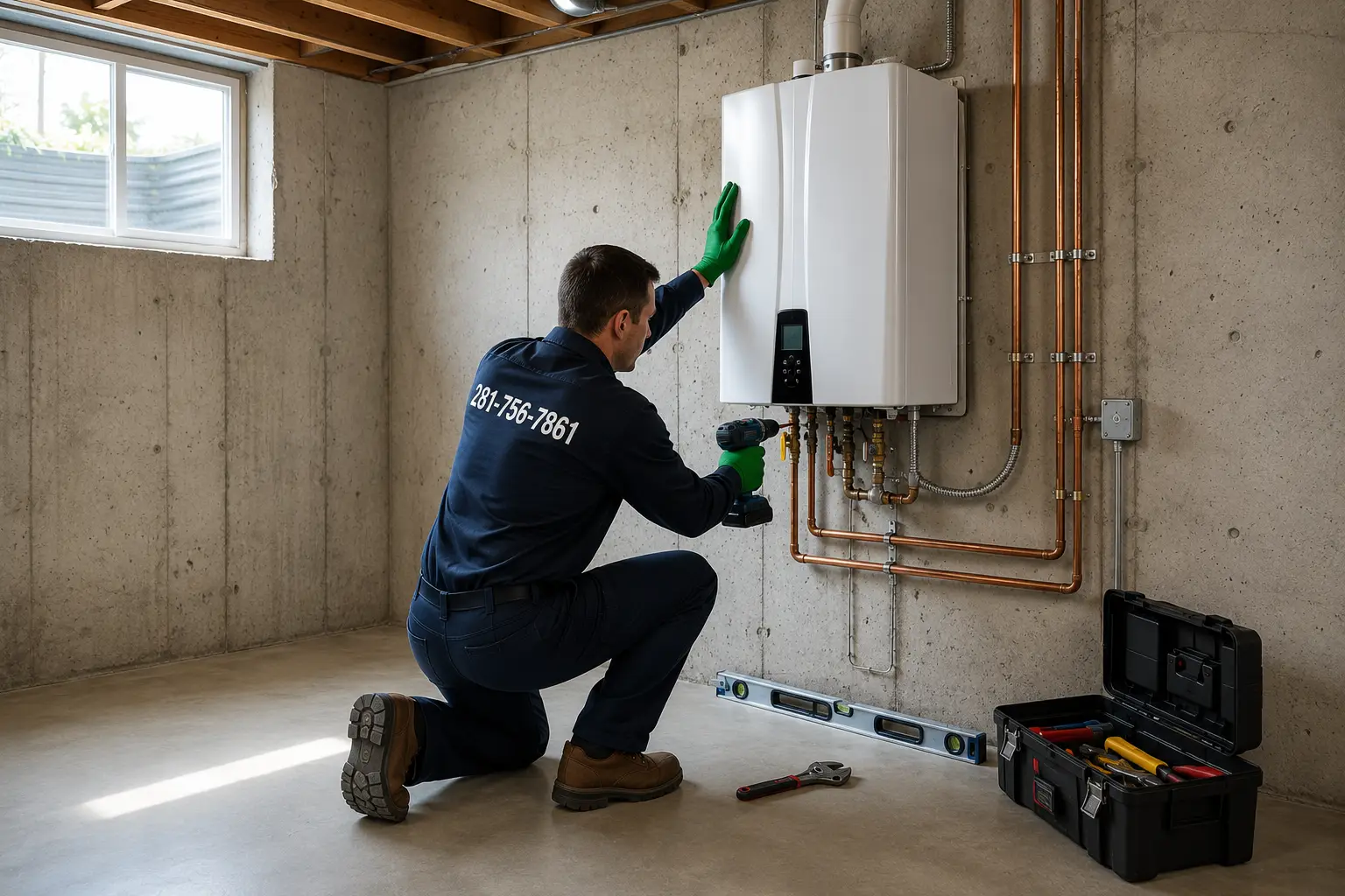 Technician installing a residential tankless water heater in Spring TX