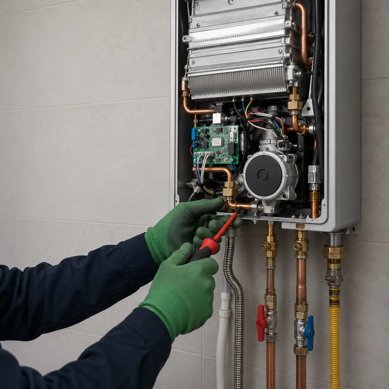 Tankless water heater technician completing professional repair in Spring TX
