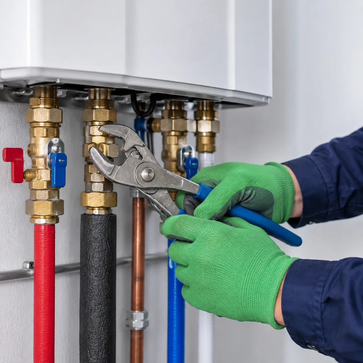 Technician repairing a residential tankless water heater in Spring TX