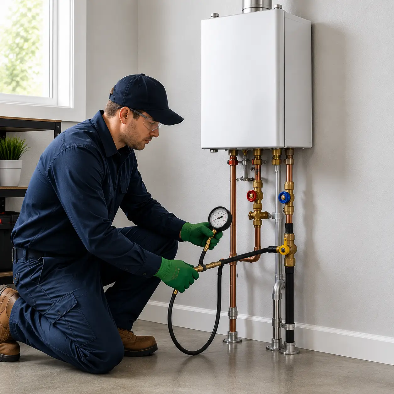 Technician performing tankless water heater safety testing and calibration in Spring TX