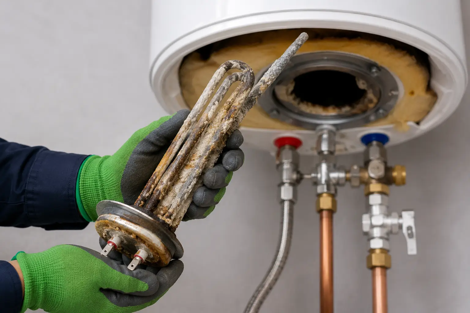 Technician flushing and descaling a water heater in Spring TX