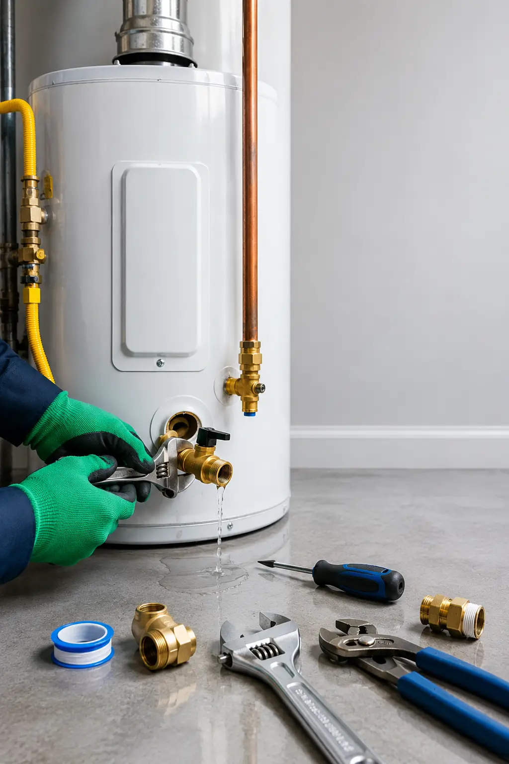 Spring TX technician replacing a residential water heater drain valve