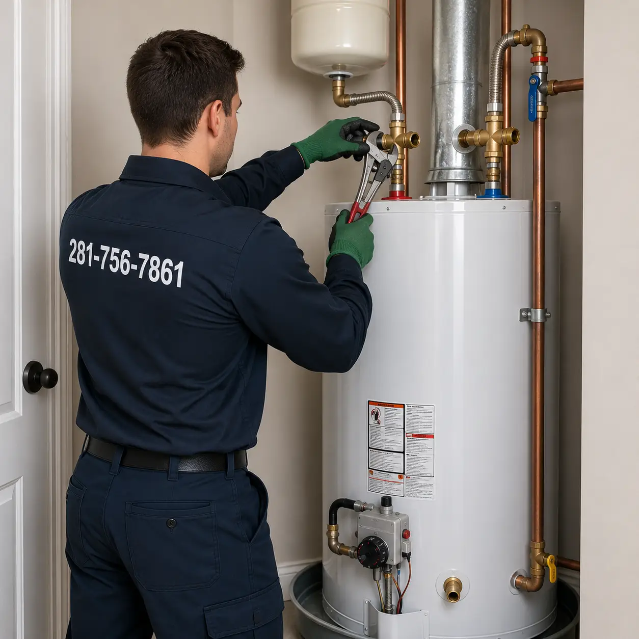 Licensed technician installing a new residential water heater in Spring TX