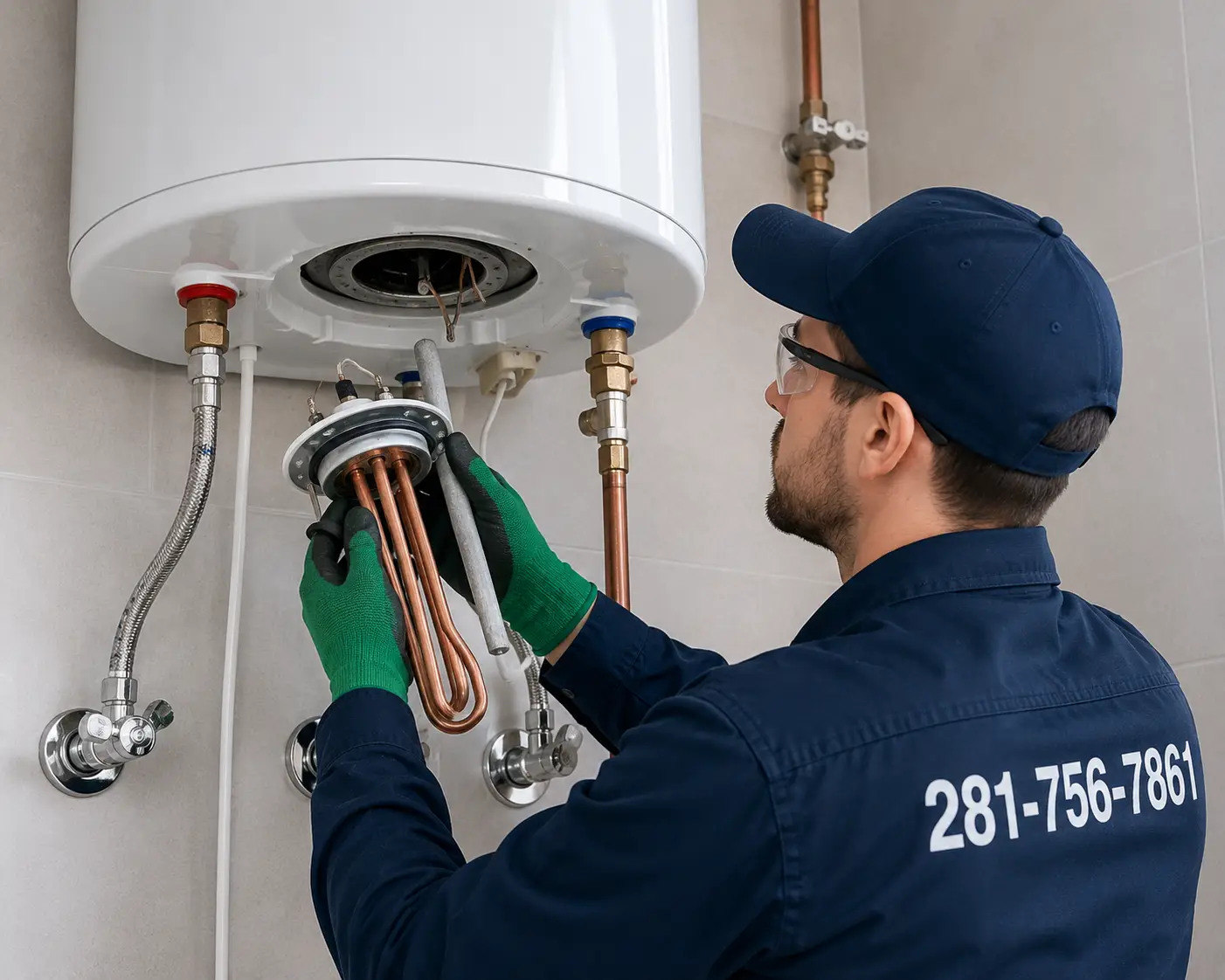 Technician performing preventative water heater maintenance in Spring TX