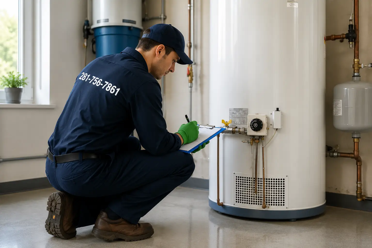Technician flushing and maintaining a residential water heater in Spring TX