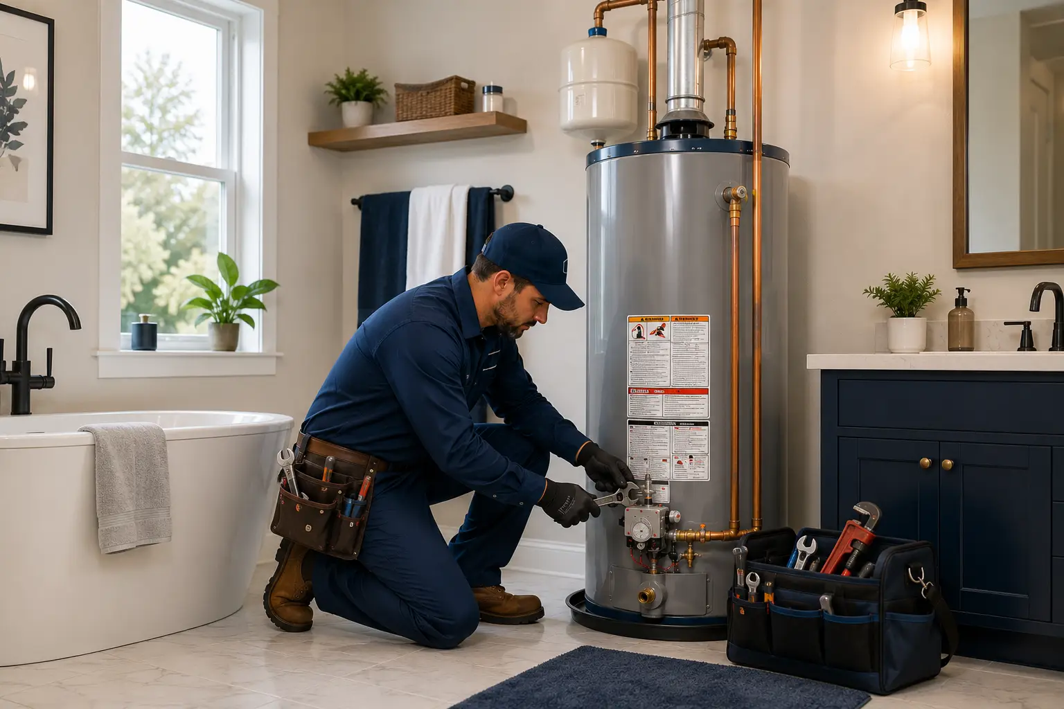 Licensed technician repairing a modern residential water heater in a clean home utility room.